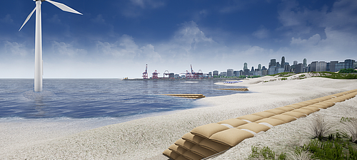 Muros de contención y revestimientos diseñados de forma segura con bolsas SoilTain de Hüsker Sacos de arena SoilTain de Huesker como muros de contención y revestimientos en tierra y en el agua, incluidos revestimientos para turbinas eólicas marinas.