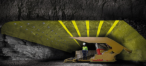 Refuerzo de la bóveda de un túnel con Minegrid para su sujeción y estabilización Techo de un túnel reforzado con geomalla Minegrid