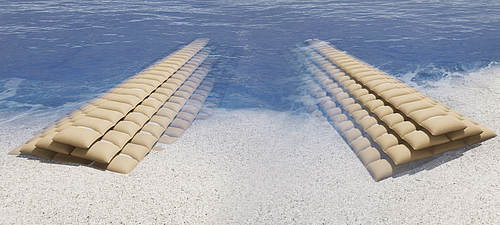 Groynes y rompeolas realizados eficazmente con bolsas SoilTain para la protección contra la erosión Dos bolsas SoilTain de Hüsker sobresalen de la tierra hacia el mar y sirven de innovadores rompeolas y espigones